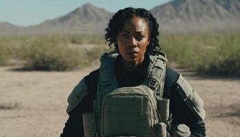 photo of strong african woman in combat armor outfit on mission ,