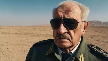 photo of older commander soldier in combat armor outfit on mission scene ,