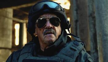 photo of older commander soldier in combat armor outfit on mission scene night ,