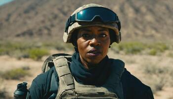photo of strong african woman in combat armor outfit on mission ,