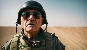 photo of older commander soldier in combat armor outfit on mission scene ,