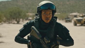 photo of strong african woman in combat armor outfit on mission ,