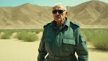 photo of older commander soldier in combat armor outfit on mission scene ,