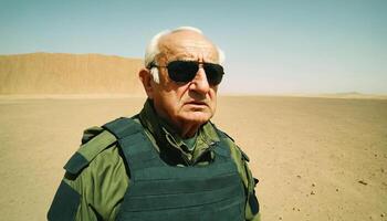 photo of older commander soldier in combat armor outfit on mission scene ,