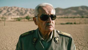 photo of older commander soldier in combat armor outfit on mission scene ,