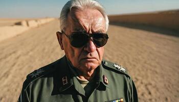 photo of older commander soldier in combat armor outfit on mission scene ,