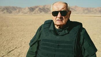 photo of older commander soldier in combat armor outfit on mission scene ,