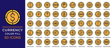 World currency icons collection. With a modern color fill design style. Editable pixel perfect, Suitable for websites, UI and mobile apps. vector