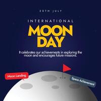 International moon day. 20th July Moon day celebration banner with moon, mini red flag on it and speech bubbles of Moon Landing, space achievement. It marks the anniversary of first landing by humans. vector