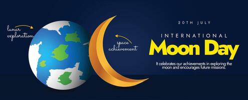 International moon day 20th July cover banner. International moon day banner, post with earth globe and crescent moon in golden colour. It marks the anniversary of first landing by humans on the Moon vector