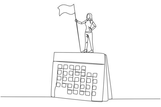 Single continuous line drawing businesswoman standing on giant desk calendar holding flag. Starting small steps in planned business pattern is key to success in achieving business profits. One line vector