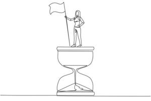 Continuous one line drawing businesswoman standing on giant hourglass holding flag. Business strategy related on time management. Businesswoman who can manage times well. Single line draw design vector