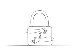 Continuous one line drawing of hands hugging padlock. Entrepreneurs who keep web security safe with multiple layers so that data security is maintained. Single line draw design illustration vector