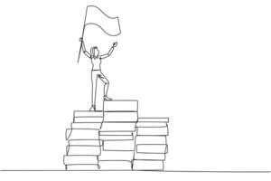 Single one line drawing of businesswoman standing on piles of paper document raising flag. Create business plan with lots of data. Winner even though there is a lot of work. Continuous line design vector