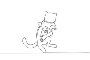 Single one line drawing of human hands hugging a cute cat. Play with little funny cat. Help the homeless animals find a home. Concept of caring animals. Continuous line design graphic illustration vector