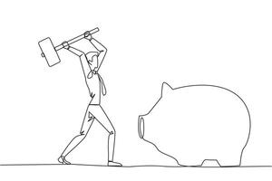 Continuous one line drawing of businessman hits big piggy bank with big hammer. Responsible for paying off all bills by taking savings. Struggle for business. Single line design illustration vector