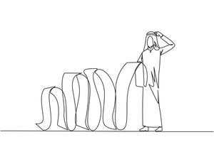 Single continuous line drawing of Arab businessman holding long billing paper dangling to the floor, one of his hands scratching head. Confused how to pay the bill. One line design illustration vector
