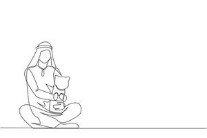 Single continuous line drawing of young energetic Arabian man sitting cross-legged hugging a little cat. Joking with beloved cat is one way to get rid of fatigue. One line design illustration vector