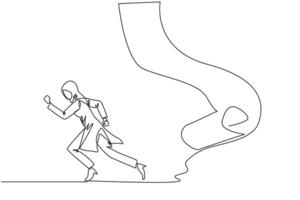 Single one line drawing Arabian businesswoman running chased by pendulum paper rolls bills. Trying to run away from responsibility to pay off all the bills. Continuous line design graphic illustration vector