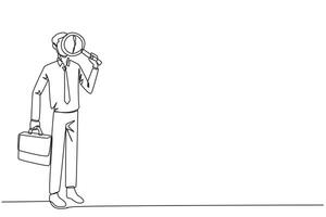 Single one line drawing businessman stood holding a magnifier and the other holding a briefcase. Look for the smallest possible opportunities for profit that can be exploited. Continuous line design vector