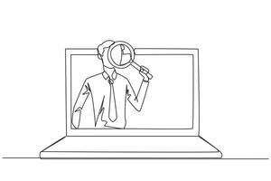 Single one line drawing of businessman came out of the laptop screen holding the magnifier. Finding online networking to sustain his business. Relationship. Continuous line design graphic illustration vector