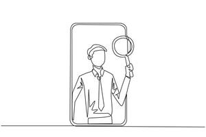 Continuous one line drawing businessman came out of the smartphone screen holding the magnifier. Utilizing internet technology on smartphones to promote business abroad. Single line draw design vector