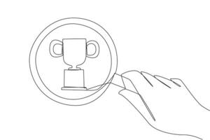 Single one line drawing big hand holding magnifying glass highlights trophy. See by zooming in order to achieve the target of becoming a champion. Winner. Continuous line design graphic illustration vector
