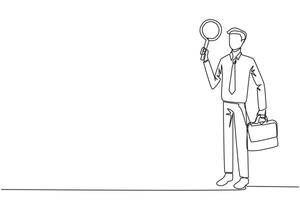 Single continuous line drawing of businessman holds the magnifier in his right hand while in his left hand holds a briefcase. Businessman who offer cooperation proposals. One line illustration vector