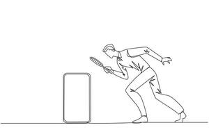 Single continuous line drawing businessman holds magnifying glass highlighting smartphone. Take advantage of latest technology for convenience of doing business. One line design illustration vector