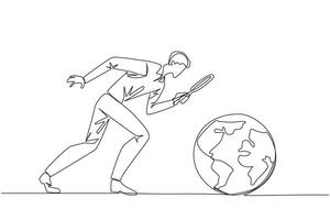 Single one line drawing businessman holding magnifying glass looking at globe. Analyze and map the territory to open the new business. Growing business. Continuous line design graphic illustration vector