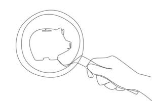 Single continuous line drawing big hand holding magnifying glass highlights piggy bank. A planning concept to save in order to have valuable assets in the future. One line design illustration vector