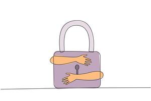 Continuous one line drawing of hands hugging padlock. Entrepreneurs who keep web security safe with multiple layers so that data security is maintained. Single line draw design illustration vector