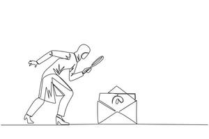 Single continuous line drawing of Arabian businesswoman holds magnifying glass look at email icon. Receive important emails related to the progress of her business. One line design illustration vector