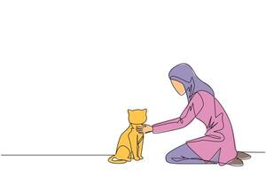 Single continuous line drawing of young Arabian woman hugging hugging her beloved cat. Kneeling, she put her cat on the floor. Stroking her cat and then asked to play. One line illustration vector