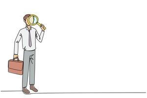 Single one line drawing businessman stood holding a magnifier and the other holding a briefcase. Look for the smallest possible opportunities for profit that can be exploited. Continuous line design vector