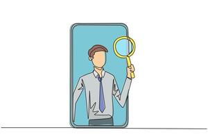 Continuous one line drawing businessman came out of the smartphone screen holding the magnifier. Utilizing internet technology on smartphones to promote business abroad. Single line draw design vector