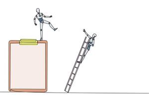 Single continuous line drawing smart robot kicks opponent who is climbing a big clipboard with a ladder. The bully will ruin the daily report. Chase away bullies. One line design illustration vector