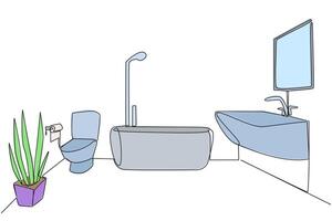 Single one line drawing bathroom in the staycation location. Mini bathtub. Elegant minimalist design. Clean and clear. Maintain neatness and cleanliness. Continuous line design graphic illustration vector