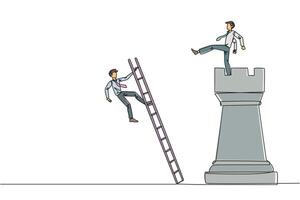 Single one line drawing businessman kicks opponent who climbing the chess rook with ladder. Wrong move. Wrong strategy. Plan leaked by colleague. Traitor. Continuous line design graphic illustration vector