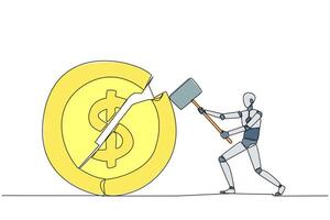 Single one line drawing smart robotic preparing to hit the big coin with dollar symbol. Failed to get new investor. Failed to get income. Expressing anger. Continuous line design graphic illustration vector