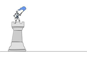 Single one line drawing robot future technology standing on top of big rook chess and waving a flag. Leader success concept. Successful business strategy. Continuous line design graphic illustration vector