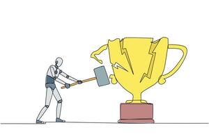 Single one line drawing smart robot preparing to hit the big trophy. Rampage. Expressing mounting anger. Smashing the trophy with a sledgehammer. Failed. Continuous line design graphic illustration vector