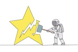 Single one line drawing young astronaut preparing to hit the big star. The destroyer of dream. Failed to get the best career position. Anger overflowed. Continuous line design graphic illustration vector