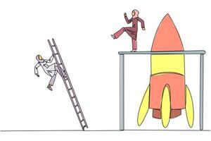 Continuous one line drawing Arab businesswoman kicks opponent who climbs rocket with ladder. Failure to open new business. Cheated by colleague. Traitor. Single line draw design illustration vector