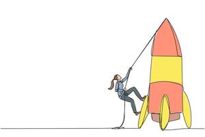 Single one line drawing businesswoman climbs rocket with rope. Set the intention to open a new branch. Work hard to expand the business. Smart hard work. Continuous line design graphic illustration vector