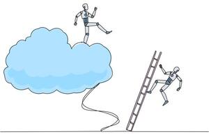 Single one line drawing smart robot kicks opponent who climbing the cloud with a ladder. Perfect achievement in business. Bring down competitors in any way. Continuous line design graphic illustration vector