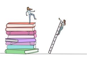 Single one line drawing businesswoman kicks opponent who climbing a pile of books with a ladder. Failed to gain access to profitable business principles. Continuous line design graphic illustration vector