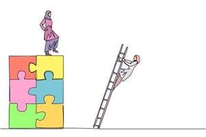 Single one line drawing Arab businesswoman kicks opponent who climbs the puzzle with stairs. Betrayed by colleague when successfully resolving a problem. Continuous line design graphic illustration vector