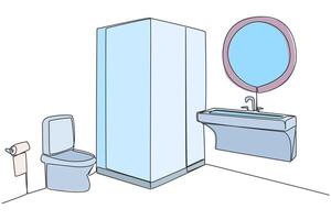 Single continuous line drawing stylish bathroom with full furniture modern. Separation of dry toilets and wet toilets with the installation of a shower cubicle. One line design illustration vector
