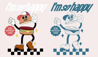 set of burger mascots saluting in a European style, adorned with chessboard motifs and sparkling lights, exuding an air respect and positivity. These mascots are inspired by 1960s psychedelic poster vector